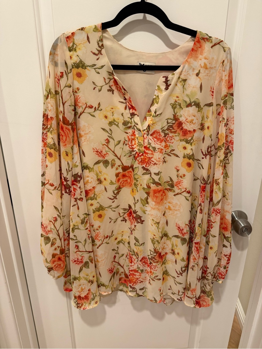 Show Me Your MuMu Cream Floral V-Neck Blouse with Orange & Green Print